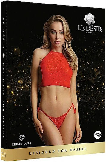 Le Désir Sexy Σετ Εσωρούχων Festive Rhinestone Top & Thong με Δαντέλα Red