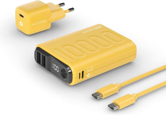 RealPower PB-10000PD+ Power Bank 10000mAh 18W with 2 USB-A Ports and USB-C Port Power Delivery Yellow