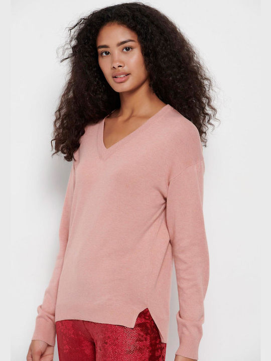 Funky Buddha Women's Long Sleeve Sweater Cotton with V Neckline Pink