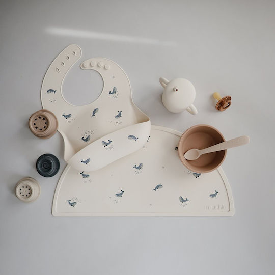 Mushie Whales Waterproof Bib Silicone with Button & Pocket Beige