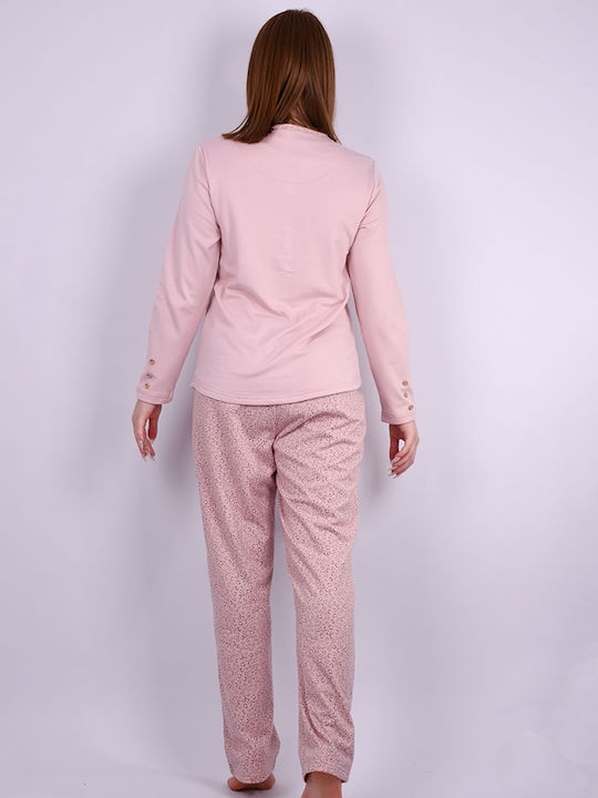 Damen Schlafanzug mit Tiermotiv und Knöpfen Rosa