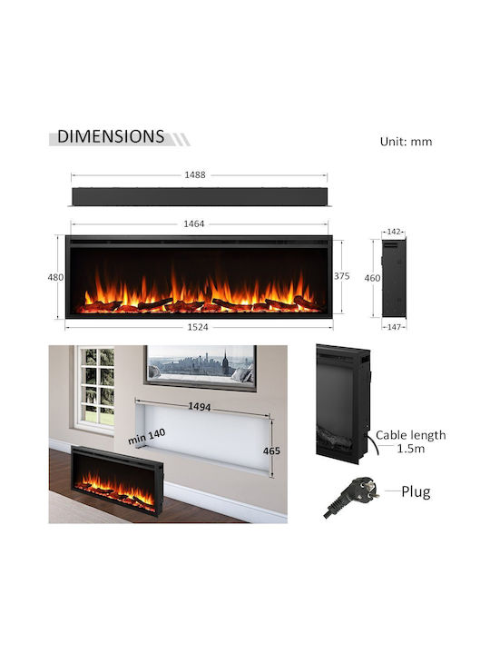 Richen Insert 152 R-EF288B Стенен Електрическа печка 2000W 152.4x48см Черен