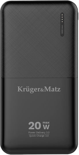 Kruger & Matz KM0904 Външна Батерия 10000mAh 20W с USB-A Изходен Порт и USB-C Изходен Порт Power Delivery / Бързо Зареждане Черна