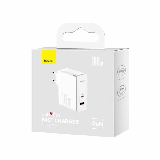 Baseus Φορτιστής Χωρίς Καλώδιο GaN με Θύρα USB-A και Θύρα USB-C 100W Power Delivery / Quick Charge 4.0 Λευκός (Gan5)