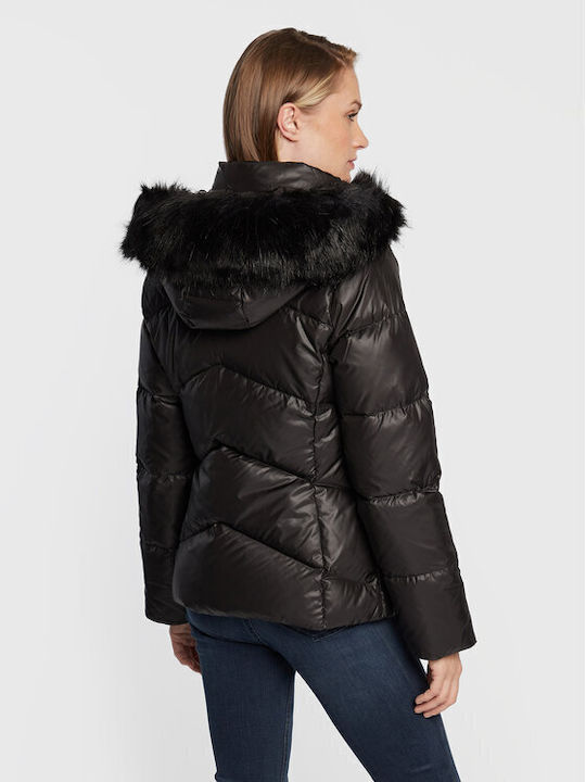 Calvin Klein Kurz Damen Puffer Jacke mit pelziger Kapuze für Winter Schwarz