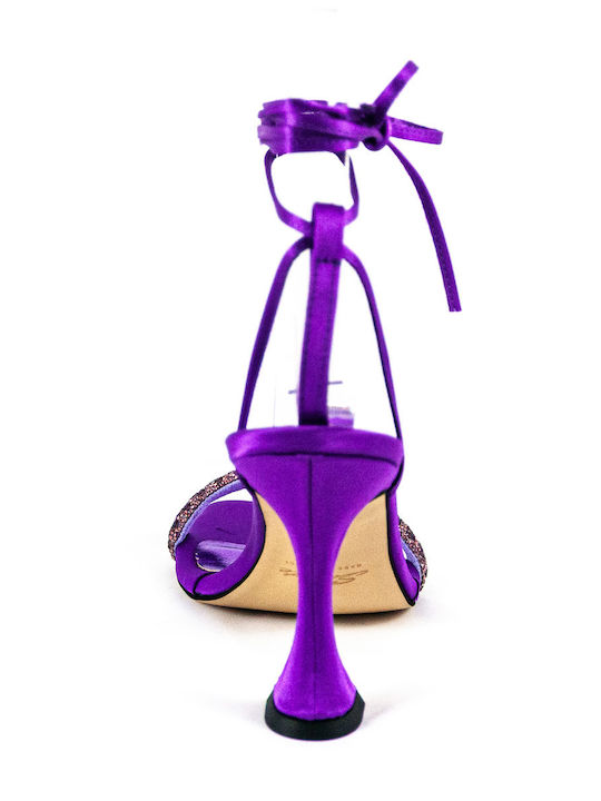Fabric Women's Sandals with Strass & Laces Purple with Chunky High Heel