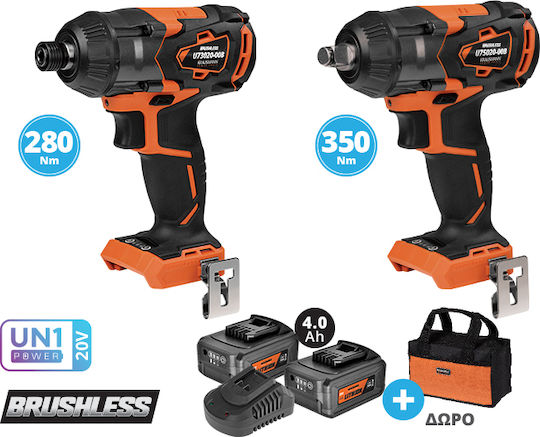 Krausmann US105-24SB Set Schlagschrauber & Schlagschraubendreher Brushless 20V mit 2 Batterien 4Ah und Hülle