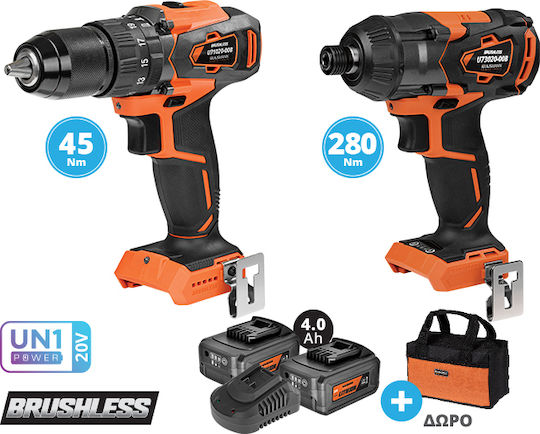 Krausmann US101-24SB Set Bohrschrauber & Schlagschraubendreher Brushless 20V mit 2 Batterien 5Ah und Hülle
