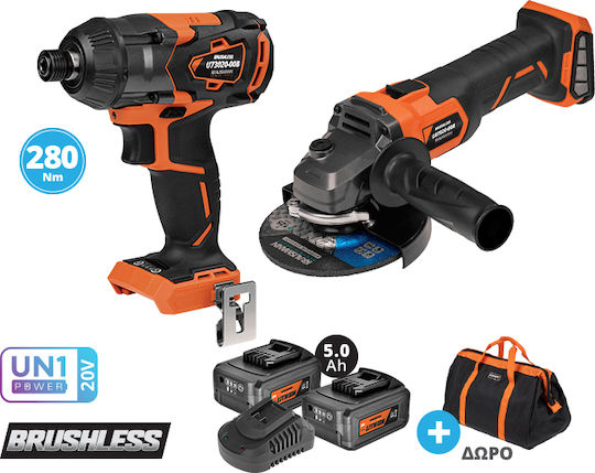 Krausmann US110-25SB Set Eckiges Rad & Schlagschraubendreher Brushless 20V mit 2 Batterien 5Ah und Hülle