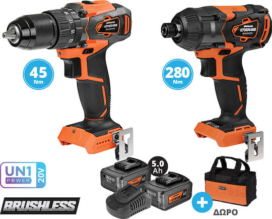 Krausmann US102-25SB Set Bohrer & Schlagschraubendreher Brushless 20V mit 2 Batterien 5Ah und Hülle
