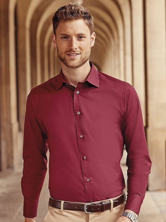 Russell Europe Men's Shirt Long Sleeve Cotton Burgundy