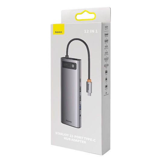 Baseus Stație De Andocare USB-C 12-în-1 Seria Metal Gleam Cu HDMI/DisplayPort 4K Suport PowerDelivery Ethernet Și Conexiune 2 Monitoare Gri