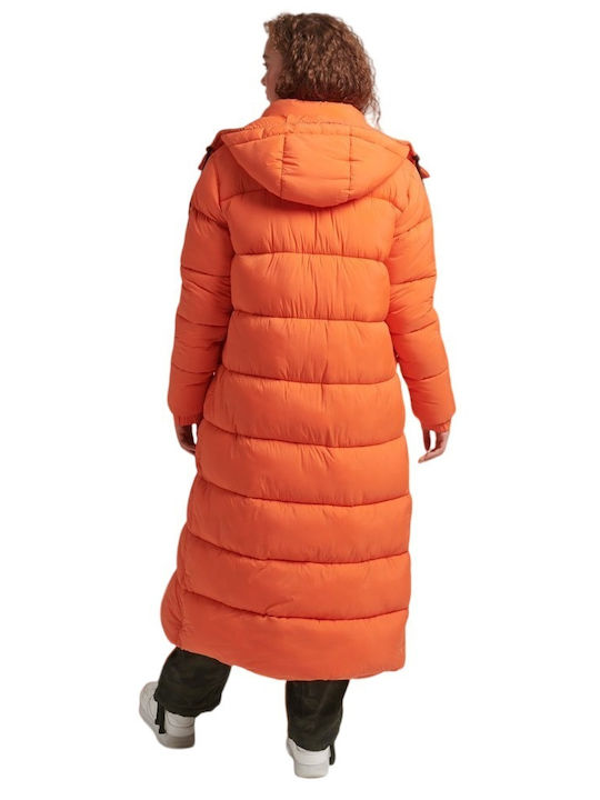 Superdry Touchline Μακρύ Γυναικείο Puffer Μπουφάν για Χειμώνα Πορτοκαλί