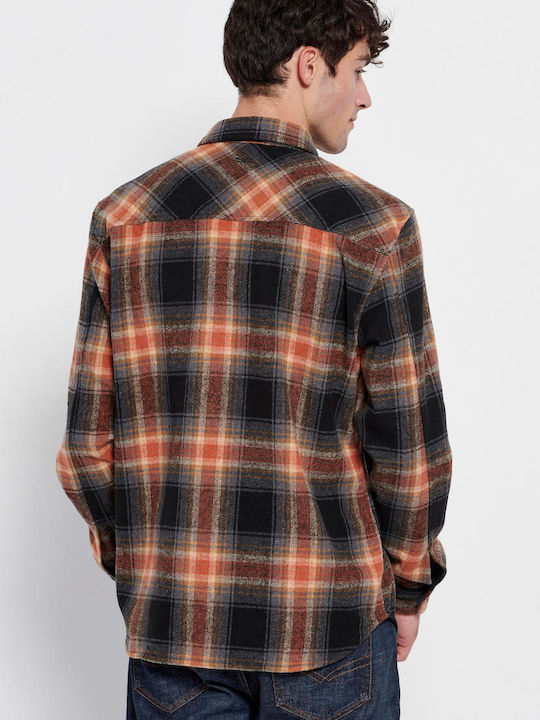 Funky Buddha Men's Shirt Long Sleeve Flannel Checked Tobacco Brown