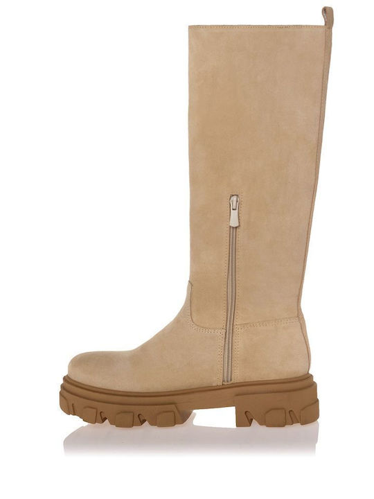 Suede Women's Boots with Zipper Beige