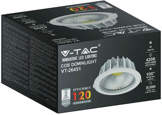 V-TAC Round Recessed LED Panel 40W with Cool White Light 6500K