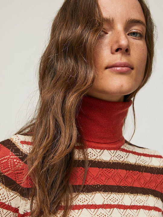 Women's Long Sleeve Sweater Turtleneck Striped Red