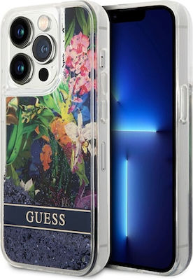 Guess Liquid Glitter Flower Umschlag Rückseite Silikon Blau (iPhone 14 Pro) GUHCP14LLFLSB