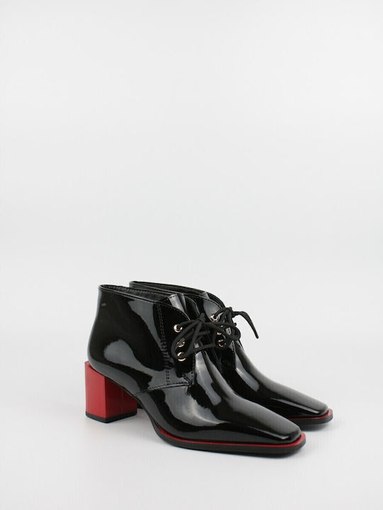 Women's Patent Leather Oxford Boots with Medium Heel Black