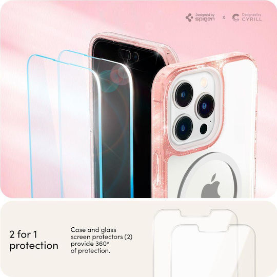 Spigen Cyrill Shine MagSafe Back Cover Silicon 0.2mm Set cu Geam Glitter Rose (iPhone 14 Pro)