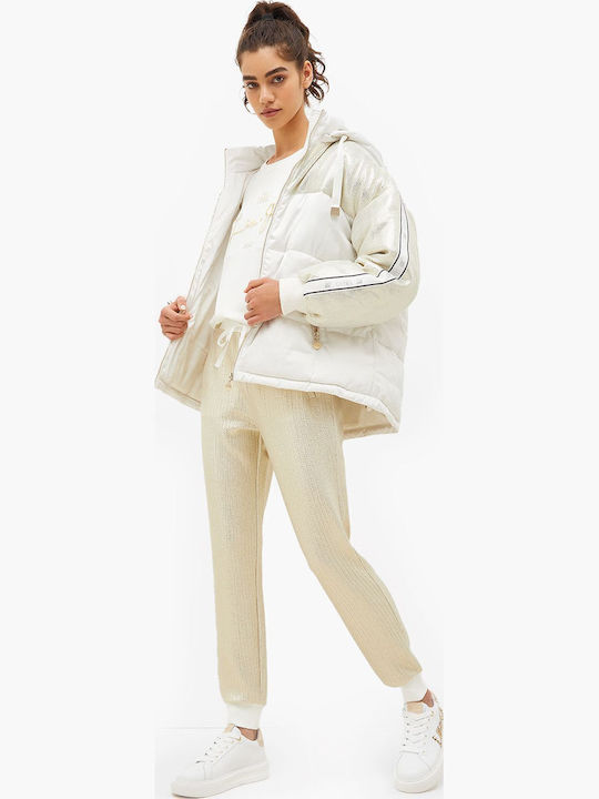 Women's Short Puffer Jacket for Winter with Hood White
