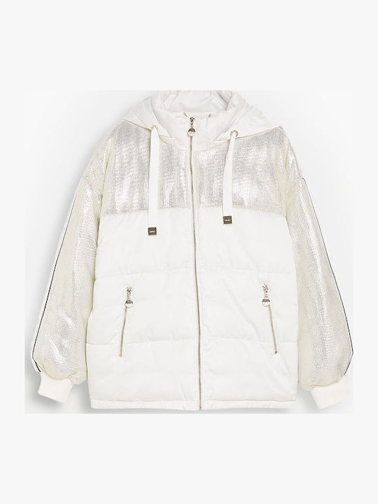 Women's Short Puffer Jacket for Winter with Hood White