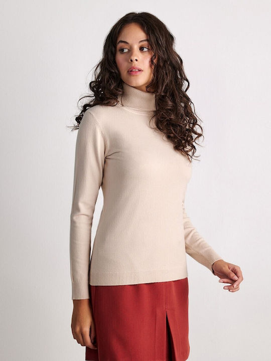 Damen Langarm Pullover Rollkragen Beige