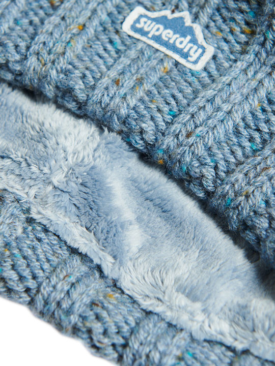 Cable Knit Bobble Pom Pom Beanie Γυναικείος Σκούφος με Πλεξούδες Soft Blue Tweed