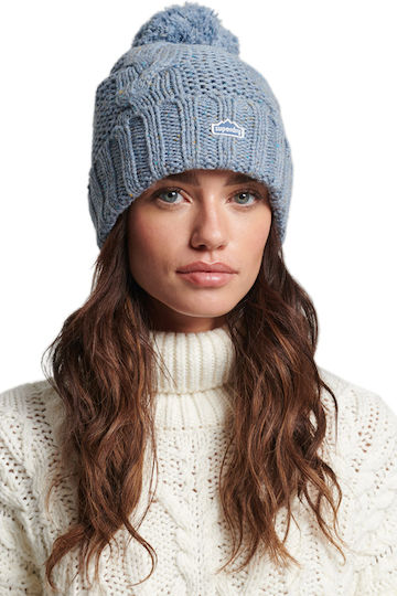 Cable Knit Bobble Pom Pom Beanie Frauen Beanie mit Strickmuster Soft Blue Tweed