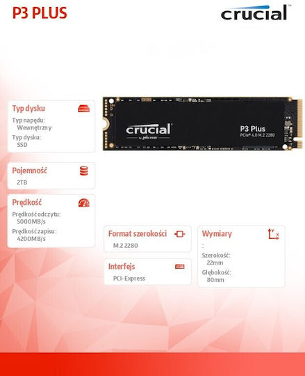 Crucial P3 Plus SSD 2TB M.2 Type with PCI Express 4.0 Connection CT2000P3PSSD8 Bulk