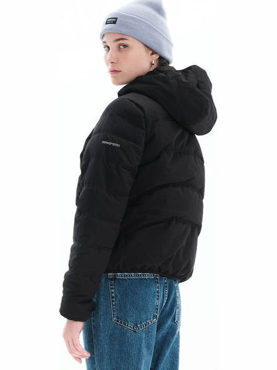 Women's Short Puffer Jacket for Winter with Hood Black