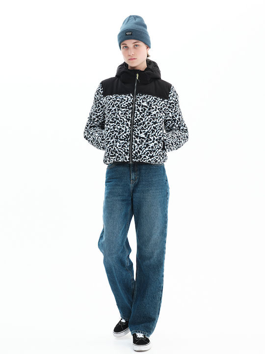 Women's Short Puffer Jacket for Winter with Hood White / Black
