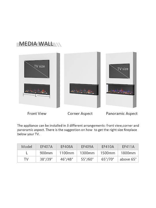 Richen 3D Insert 153 Επιτοίχιο Ηλεκτρικό Τζάκι 2000W 182.8x49.5cm Μαύρο