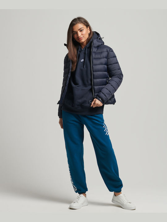 Superdry Women's Short Puffer Jacket for Winter with Hood Navy Blue