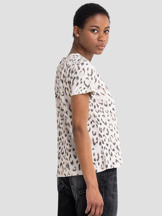 Replay Femeie Tricou Animal Print Alb