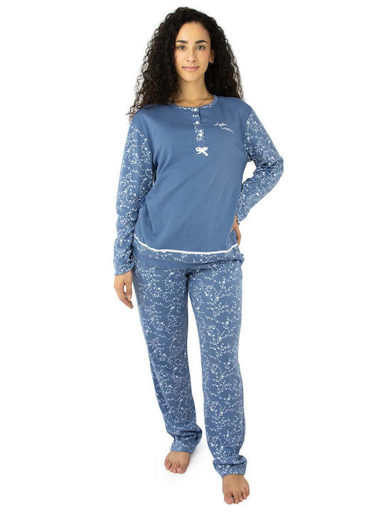 Lydia Creations Winter Damen Pyjama-Set Baumwolle Blau