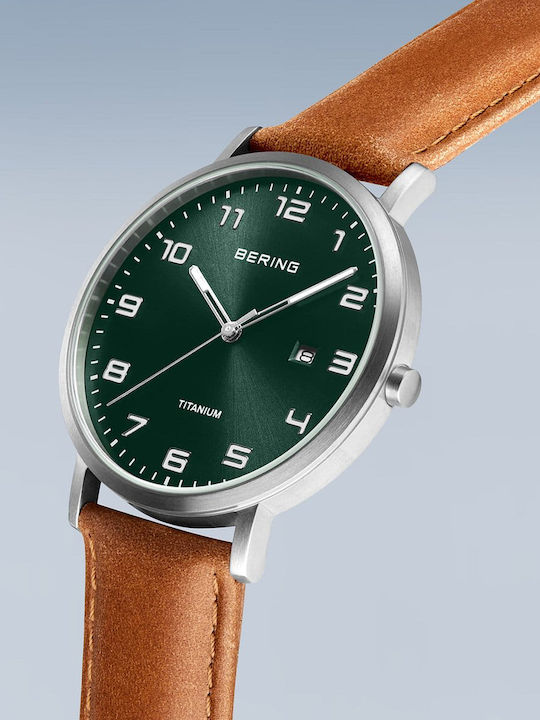 Bering Time Titanium Herrenuhr 40mm Batterie mit Braun Lederarmband