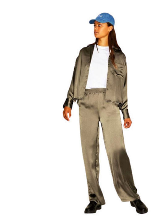 Langärmelig Damen Satin,σατεν Hemd Khaki Monochrom