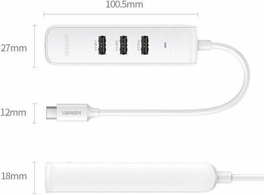 Ugreen CM416 USB 3.0 Hub 3 Anschlüsse mit USB-C / Ethernet Verbindung Weiß