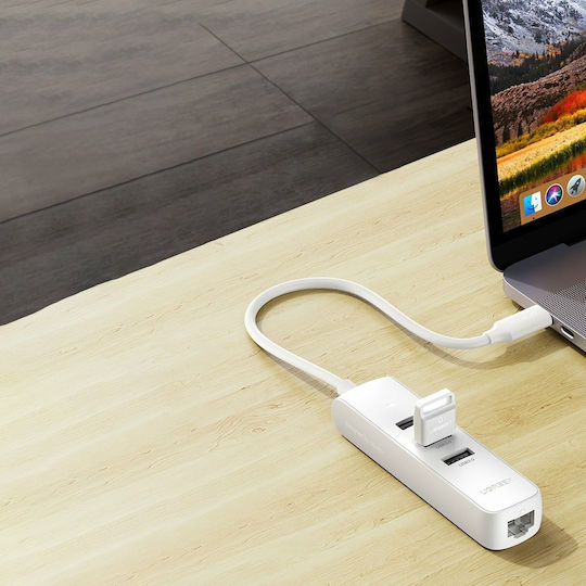 Ugreen CM416 USB 3.0 Hub 3 Anschlüsse mit USB-C / Ethernet Verbindung Weiß