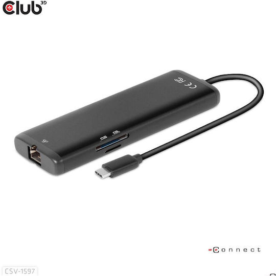 Club3D USB-C Docking Station με HDMI/DisplayPort 4K PD Ethernet και συνδεση 2 Οθονών Μαύρο (CSV-1597)
