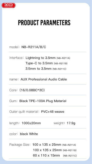 XO 3,5mm Klinkenkabel mit 3,5mm Stecker Weiß 1m