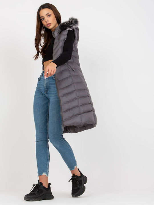 Rue Paris Lang Damen Ärmellos Puffer Jacke mit pelziger Kapuze für Winter Dark Grey