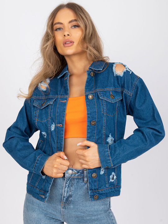 Rue Paris Women's Short Jean Jacket for Spring or Autumn Blue