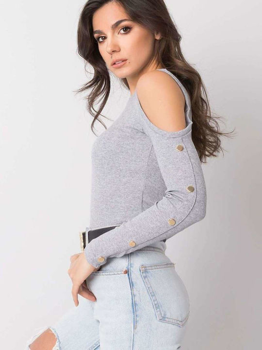 Rue Paris Women's Blouse Cotton Off-Shoulder Long Sleeve Gray