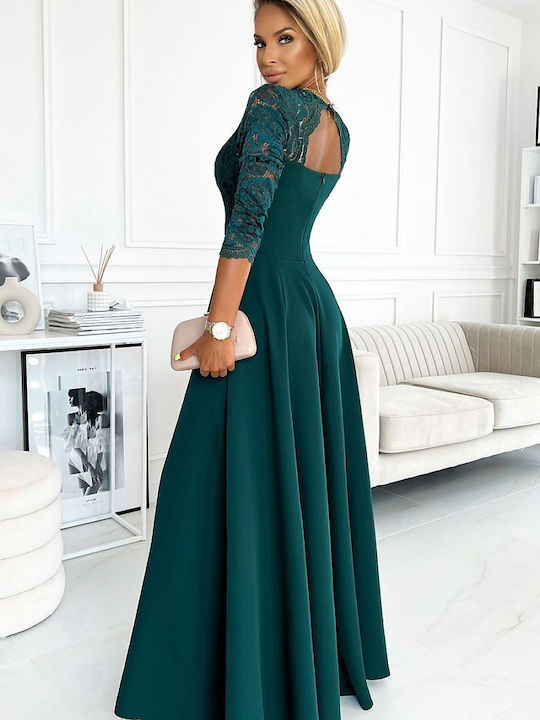 Numoco Wedding - Christening 3/4 Sleeve with Lace Maxi Dress Green , Slim Fit