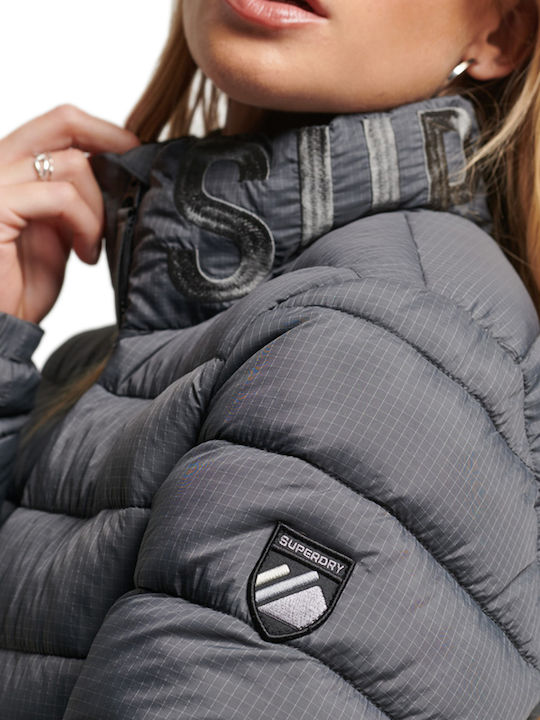 Women's Short Puffer Jacket for Winter Grid Charcoal