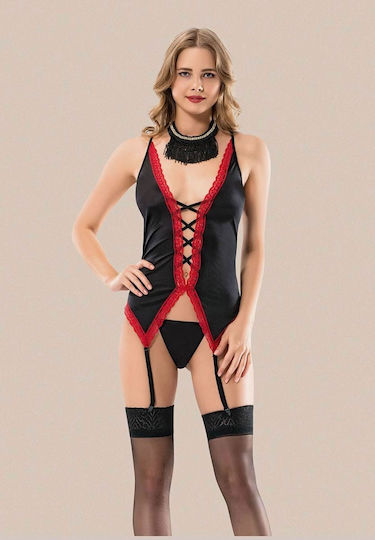 Moongirl Depy Set Babydoll Satin mit Strumpfhaltern Sexy Dessous-Set Black/Red MG1077