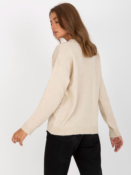 Rue Paris Women's Long Sleeve Sweater with V Neckline Beige