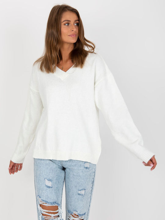 Rue Paris Women's Blouse Long Sleeve with V Neckline Ecru